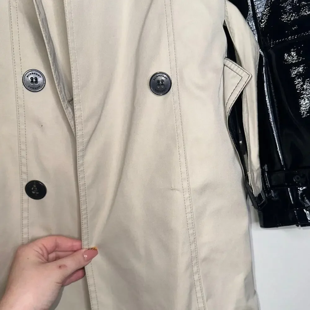 Burberry Patent Leather Sleeve Gabardine Trench Coat Black Tan US 4 - Picture 7 of 12